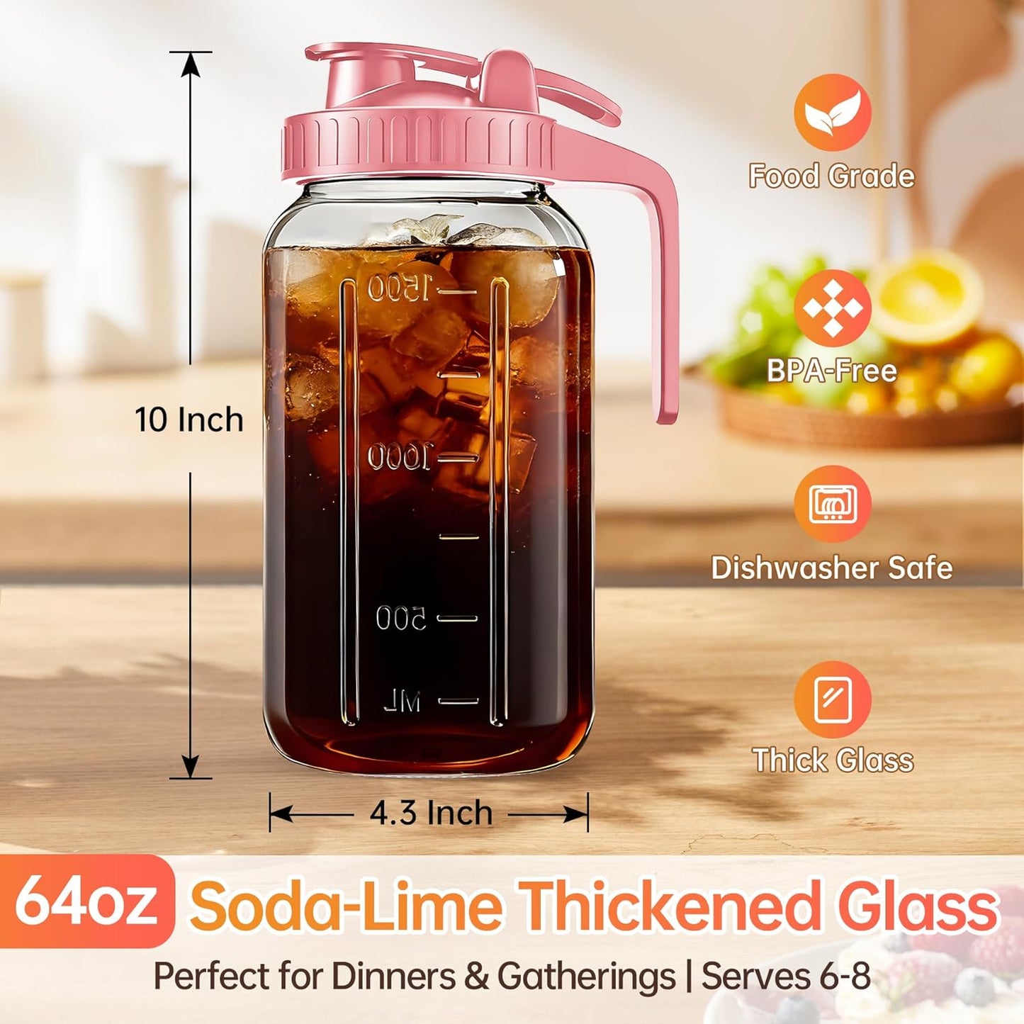 Pitcher de vidrio con tapa y bebedero 2 cuartos frasco Mason hermético para leche materna café helado té agua jugo boca ancha seguro para refrigerador