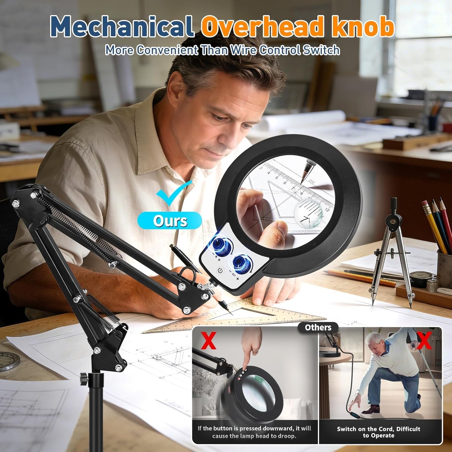 Lupa 2pulg con luz ajustable y soporte para lectura manual