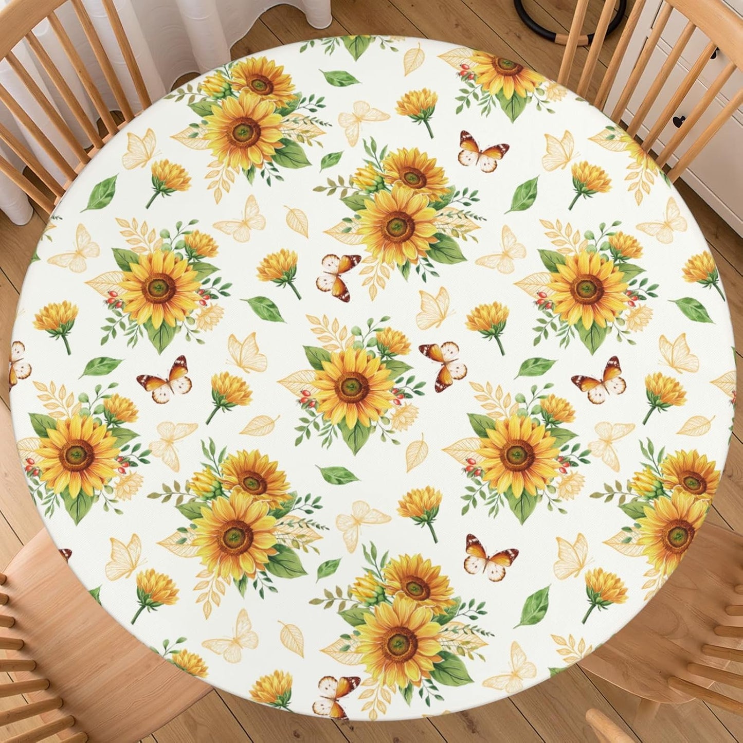 Mantel redondo ajustable de girasol con borde elástico 40-44 pulgadas