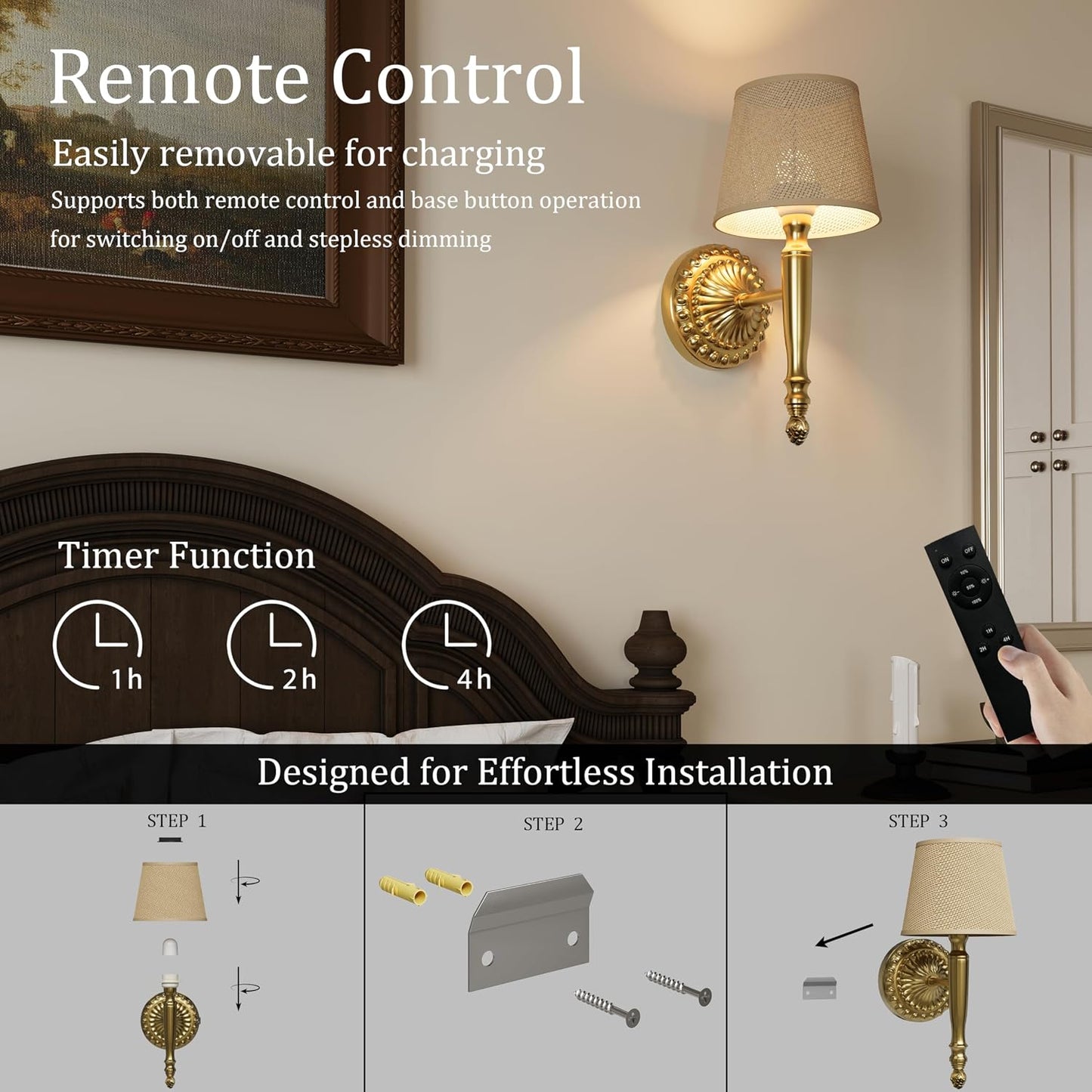 2 Apliques Pared Dorados LED Regulables Estilo Bohemio
