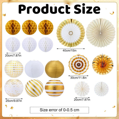 Set 18 Pzas Decoración Fiesta Oro Metálico Faroles Bolas Panal