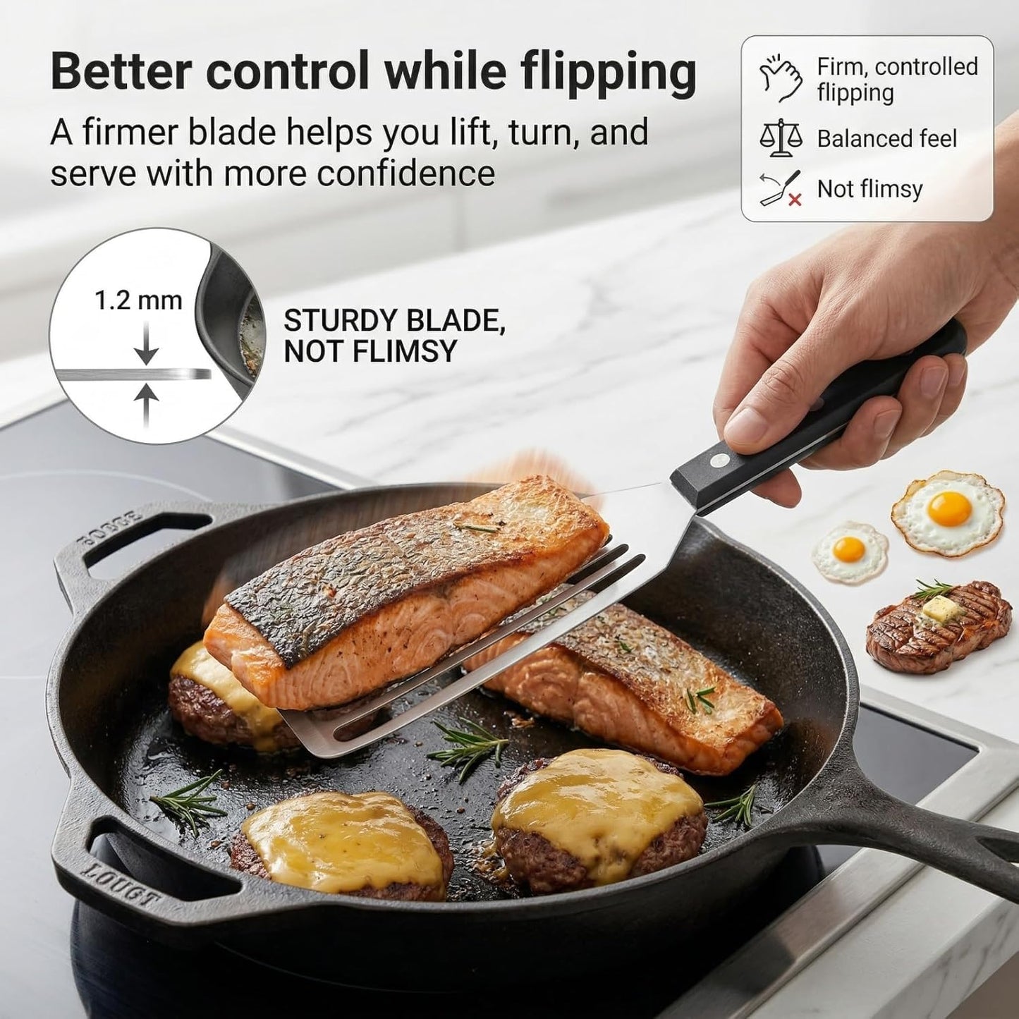 Espátula acero inox 12.2pulg ranurada mango resistente pescado