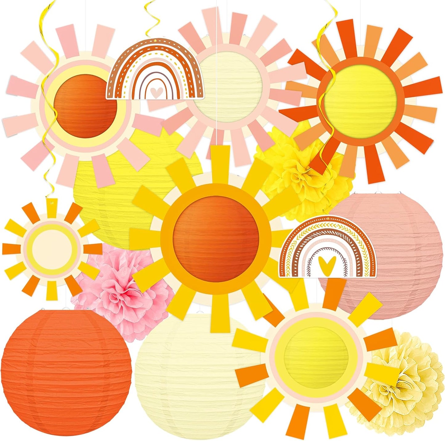 15 Linternas Papel Decoración Sol Pompones Colgantes