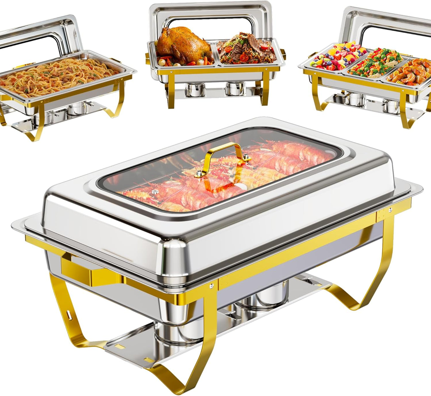Set 4 platos bufé con sartenes 9.5qt acero inox transparente