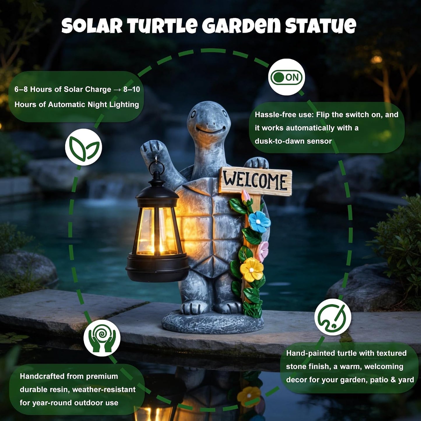 Estatua flor tortuga resina impermeable jardín
