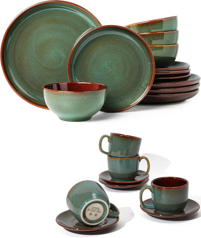 Set 16 Pzas Vajilla Tazas Café Platillos Verde Salvia