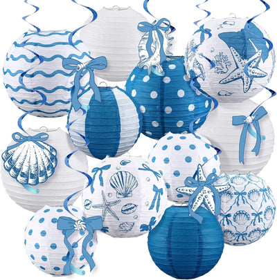 Set 18 Decoraciones Verano Faroles Pompones Lazo Azul