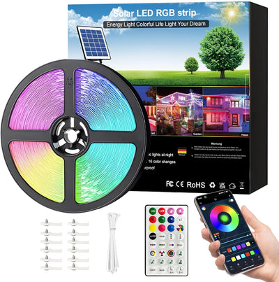 Tira luces LED solares RGBICW 16.4ft impermeable con temporizador