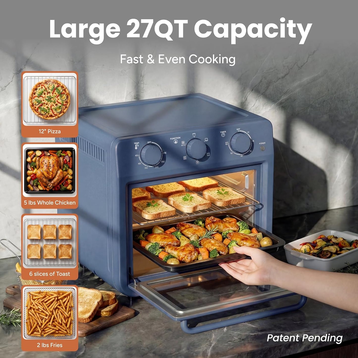Combo horno tostador 6 en 1 con encimera de 27 cuartos de galón y temporizador de 60 minutos