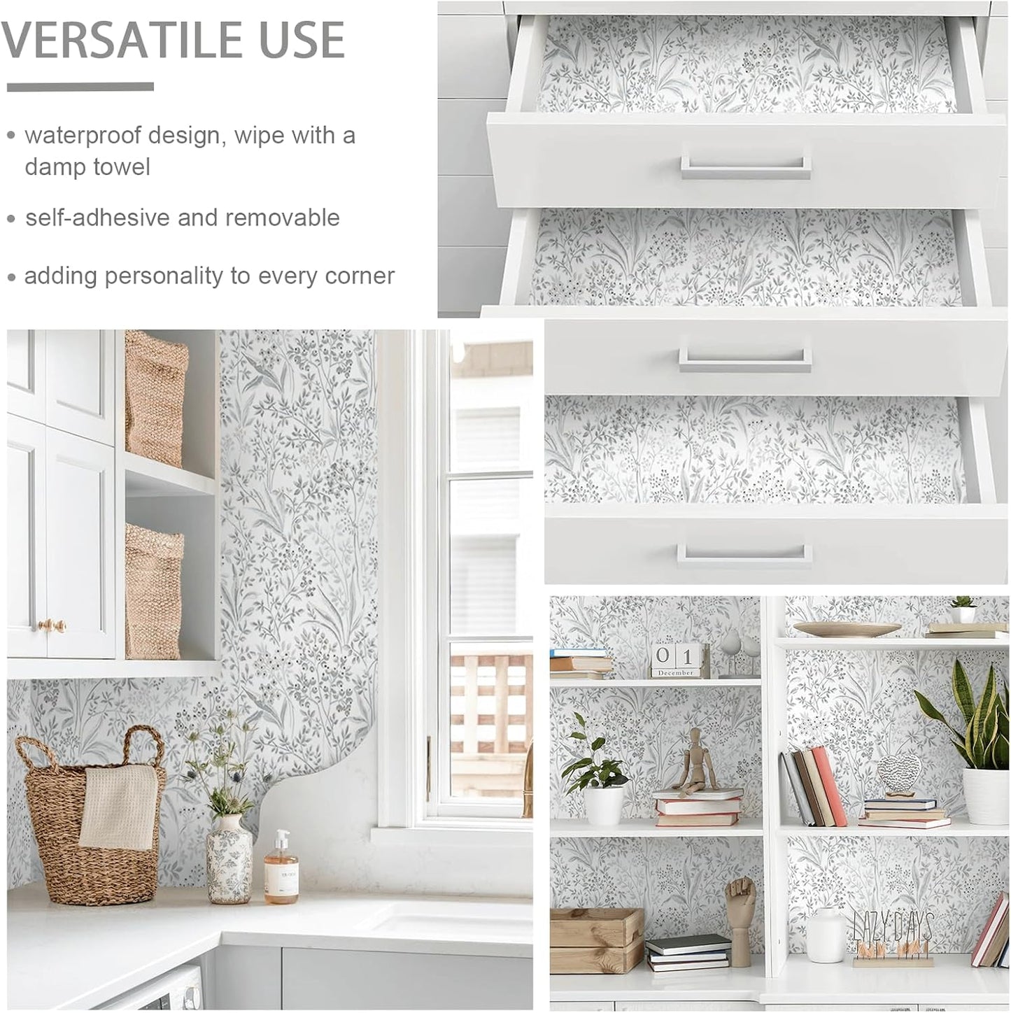 Papel tapiz bohemio autoadhesivo gris para dormitorio y baño