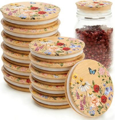 Tapas para tarros de yogur de flores silvestres con diseño floral vintage de madera y sellado de silicona