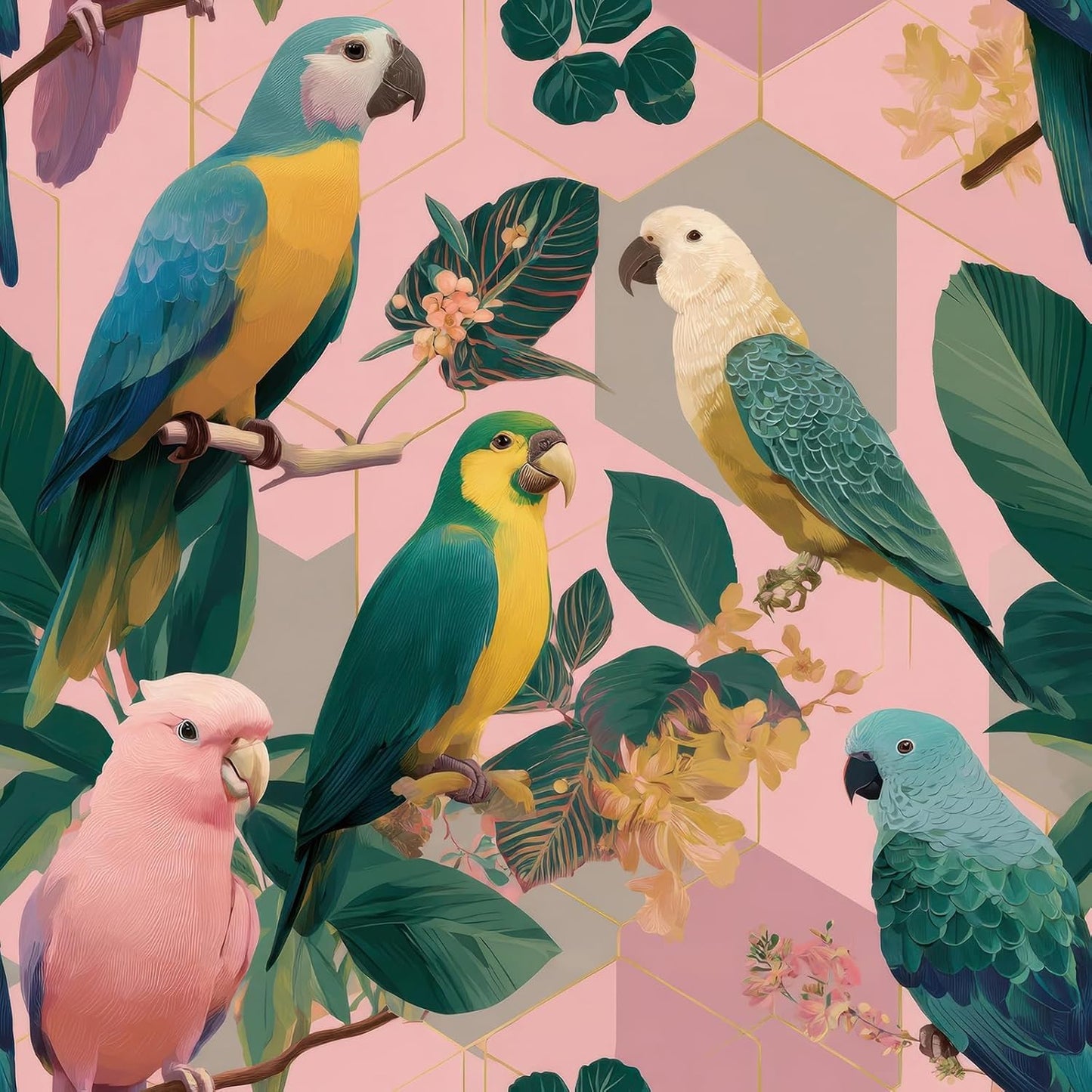 Papel tapiz geométrico loros tropicales rosa verde azul