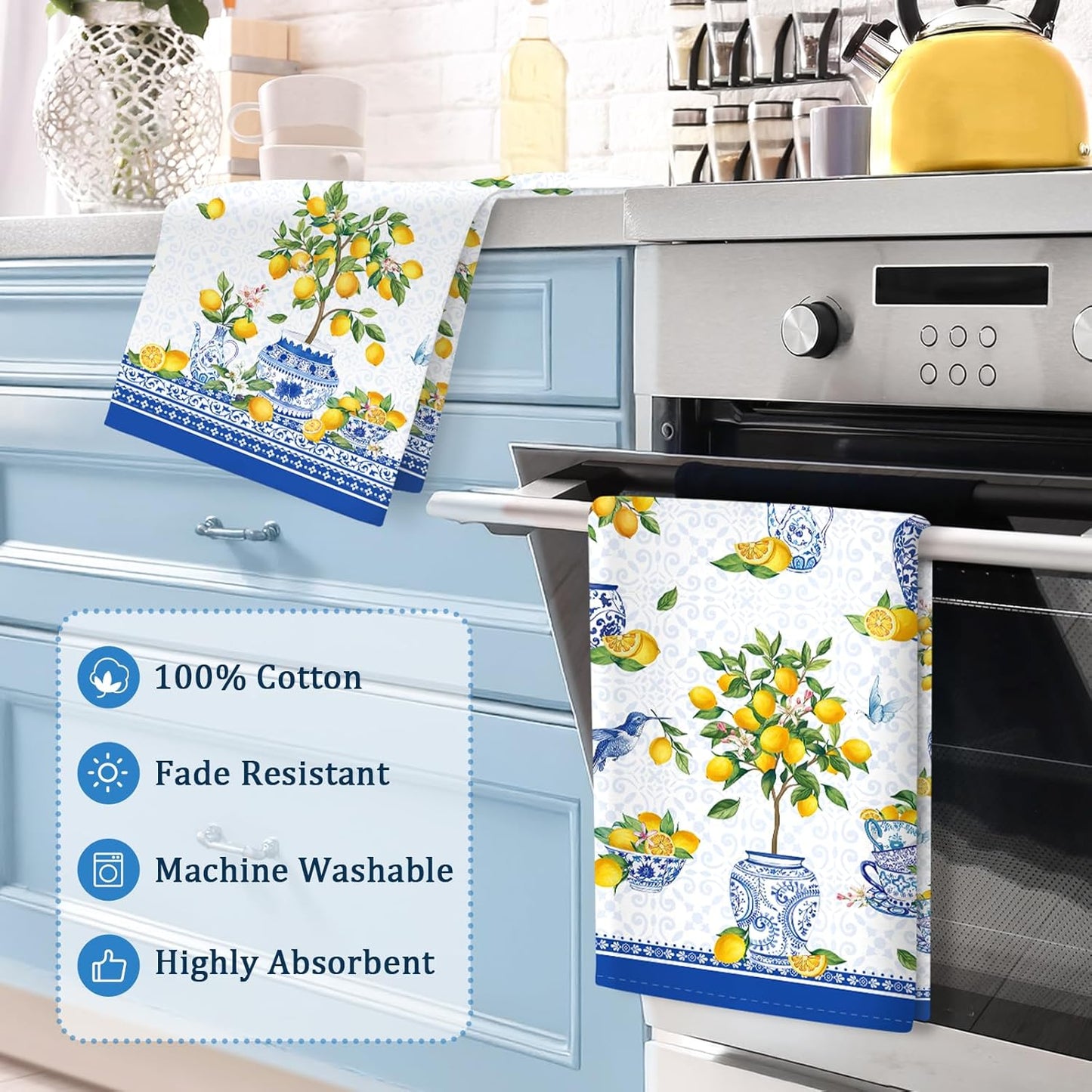 Juego de 2 paños de té de limón algodón rápido secado toallas cocina chinoiserie verano