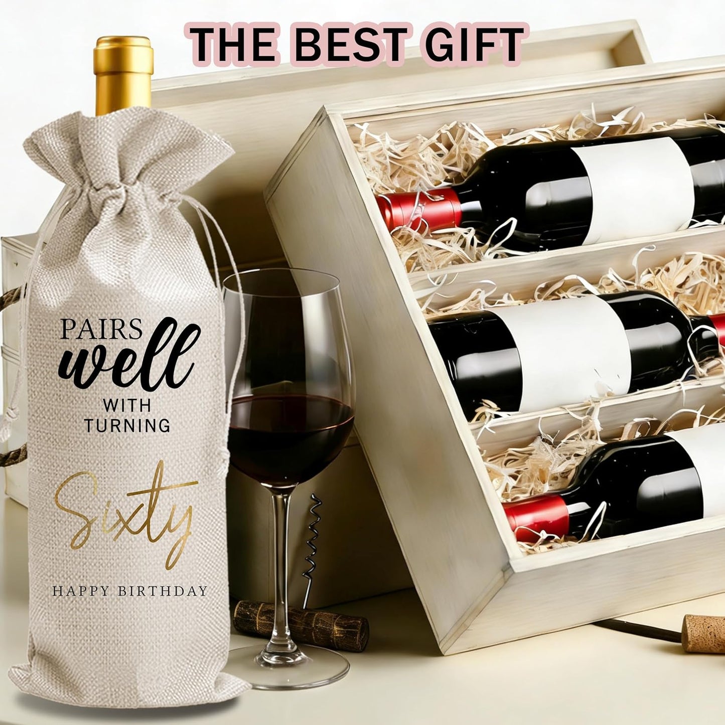 Bolsa regalo vino cumpleaños 60 años con cordón y tarjeta