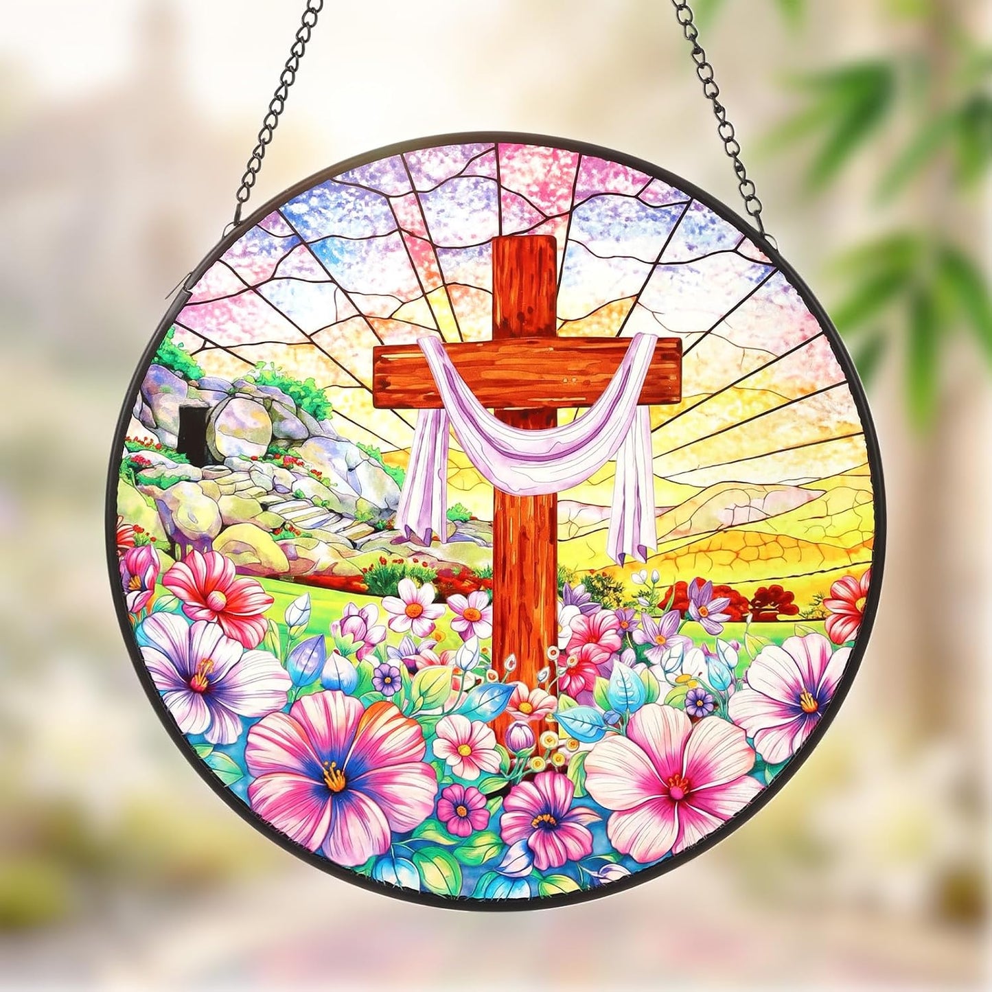 Atrapasoles cristal con cruz vitral 8pulg decoración hogar