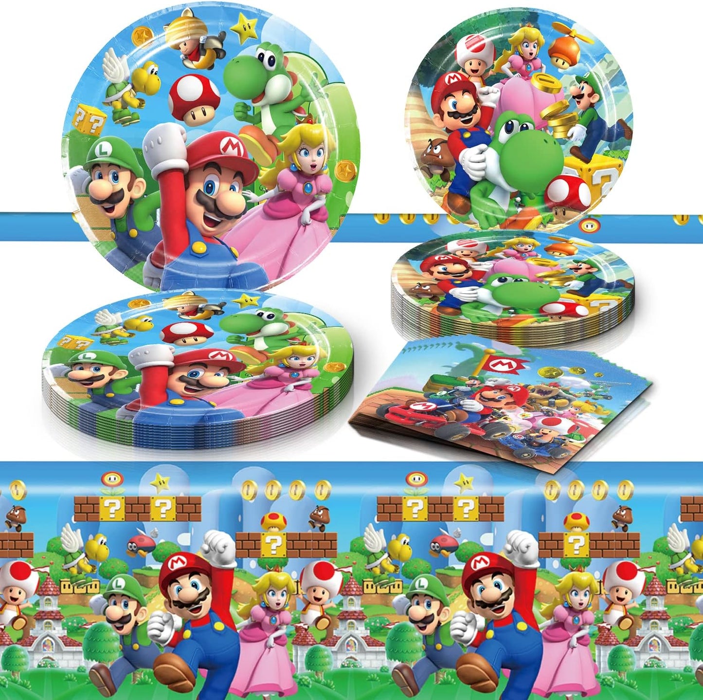Suministros de fiesta de cumpleaños de Mario con 20 platos, 20 servilletas y 1 mantel