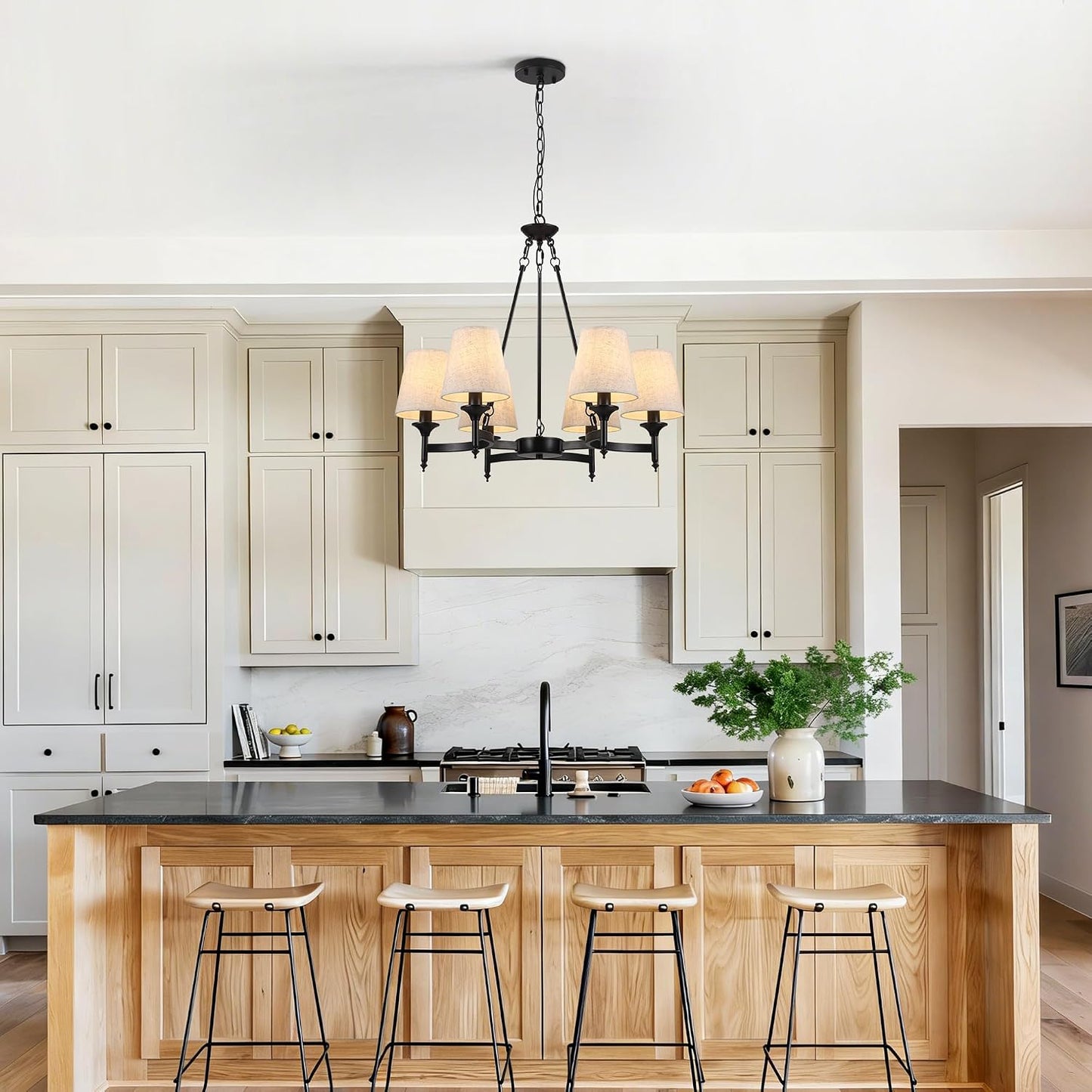 Candelabro industrial negro 6 luces 27pulg tela lino ajustable