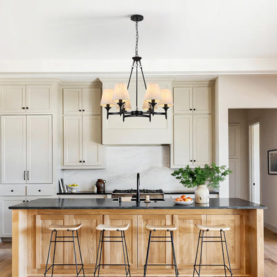 Candelabro industrial negro 6 luces 27pulg tela lino ajustable