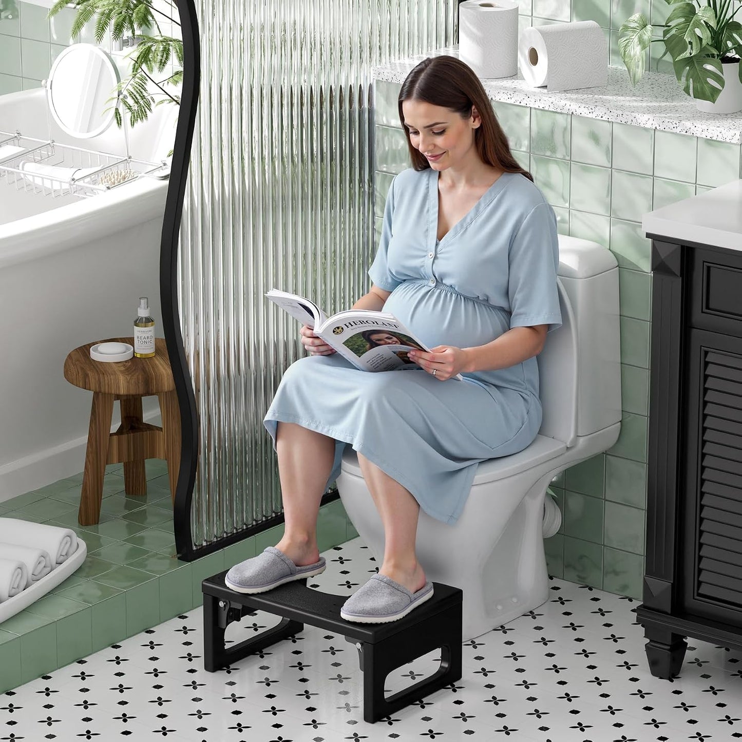 Taburete orinal plegable bambú antideslizante negro