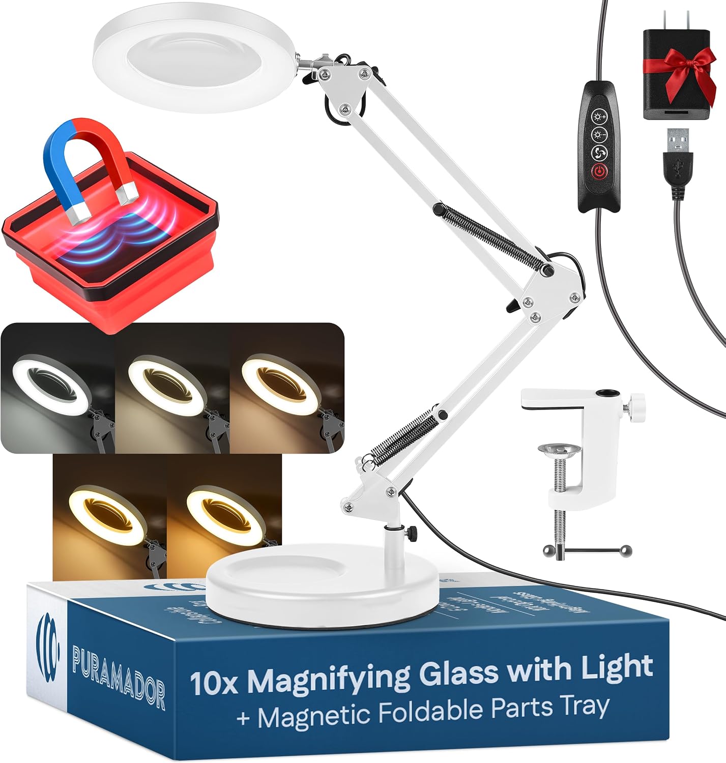 Lámpara aumento 10X con luz 5 modos USB soporte magnético