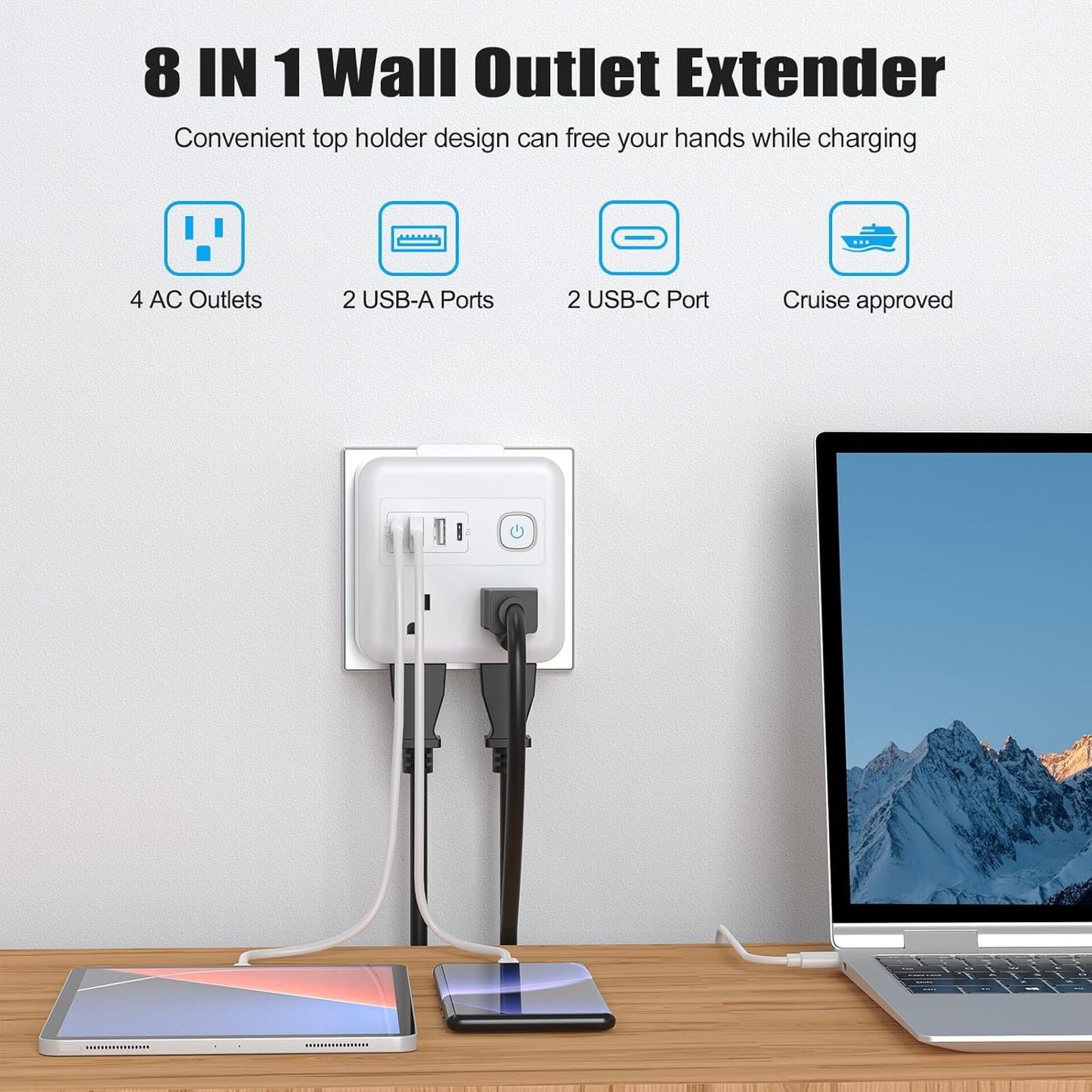 Extensor enchufe pared 4 salidas 2 USB-C 1875W con ranura telefono