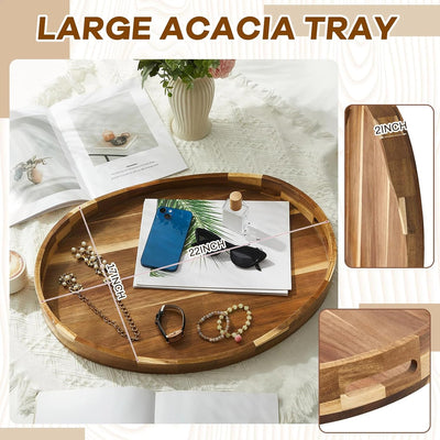 Bandeja otomana extra grande de madera de acacia con asas