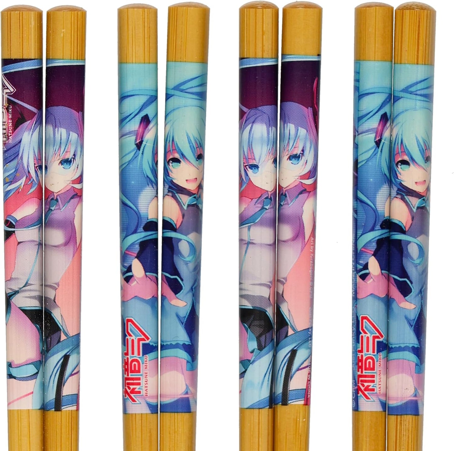 Juego 4 palillos bambú reutilizables Hatsune Miku