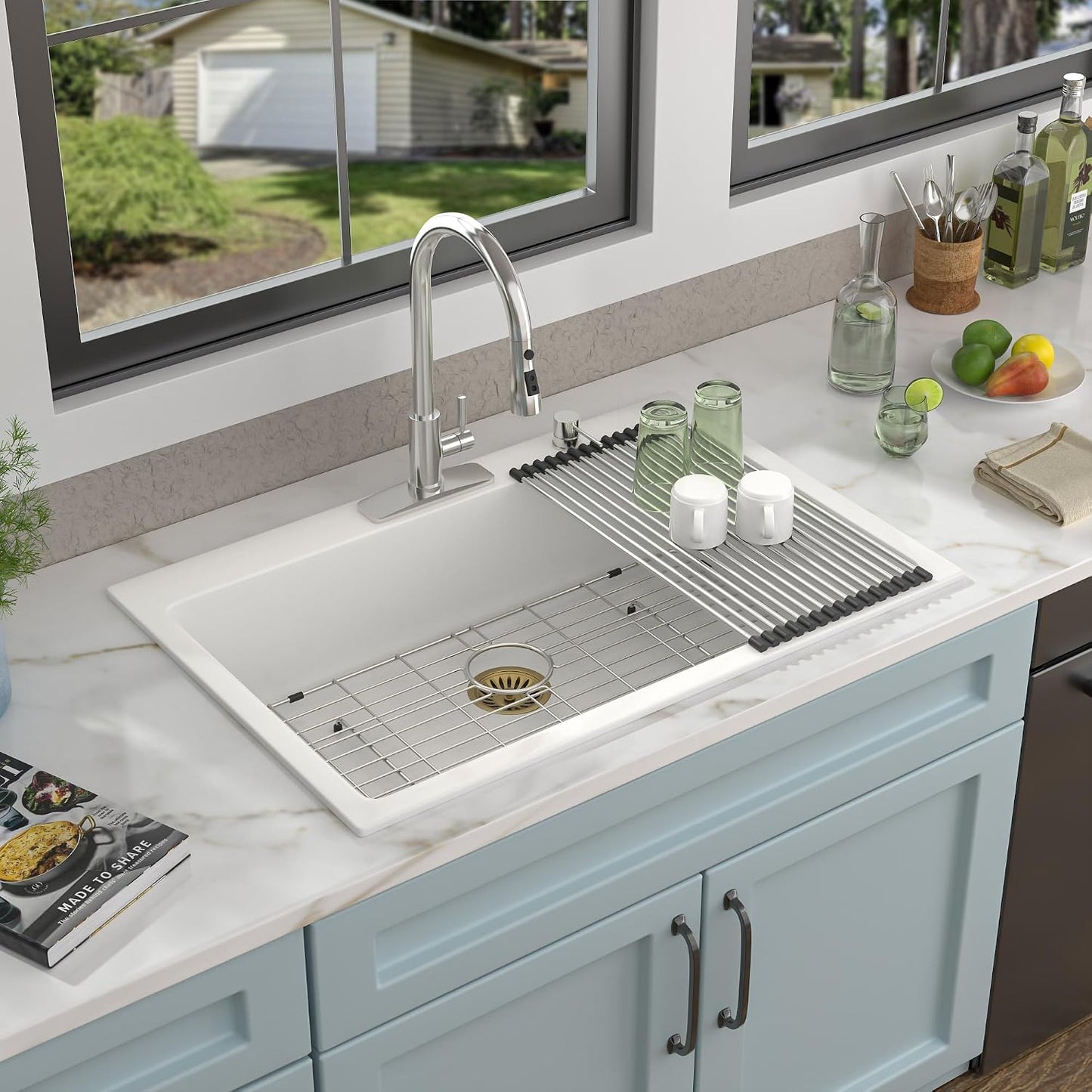 Fregadero cocina granito 33x22pulg cuarzo blanco clásico