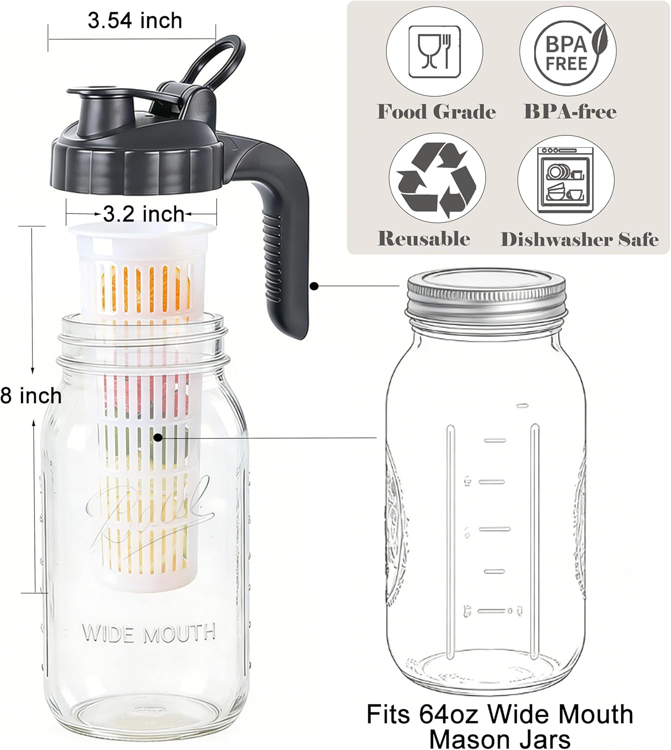 Tapón para jarra de vidrio con infusor de frutas sin BPA para 64 oz