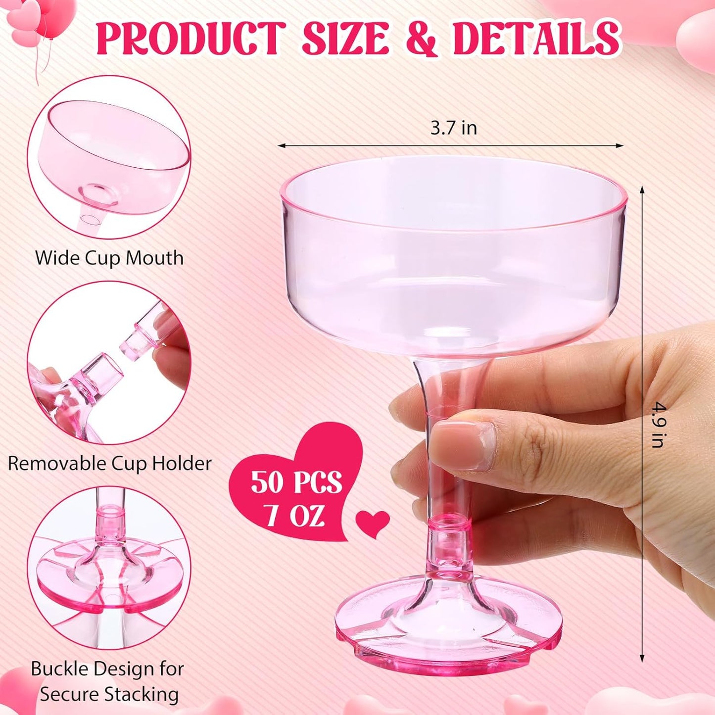 50 Copas Champán Plástico 7oz Apilables Rosa Clásico