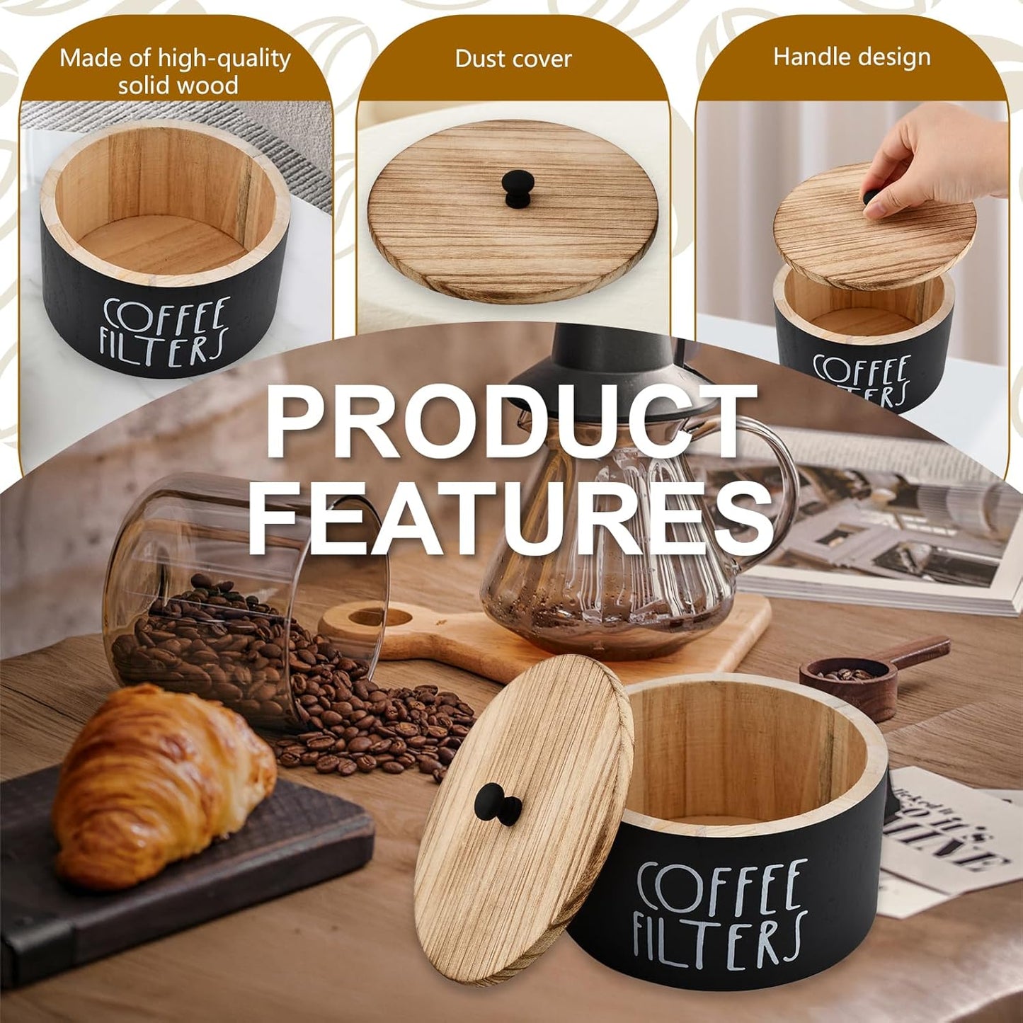Soporte para filtro de café de madera redondo con tapa