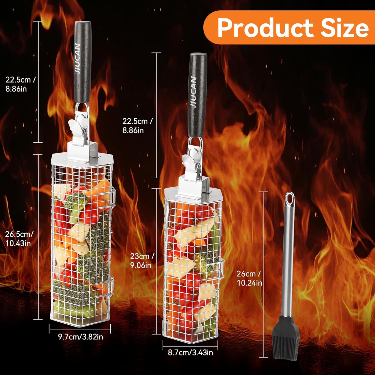 2 Pzas Cesta Parrilla Acero Inox Asas Madera Hexagonal