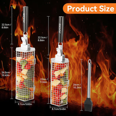 2 Pzas Cesta Parrilla Acero Inox Asas Madera Hexagonal