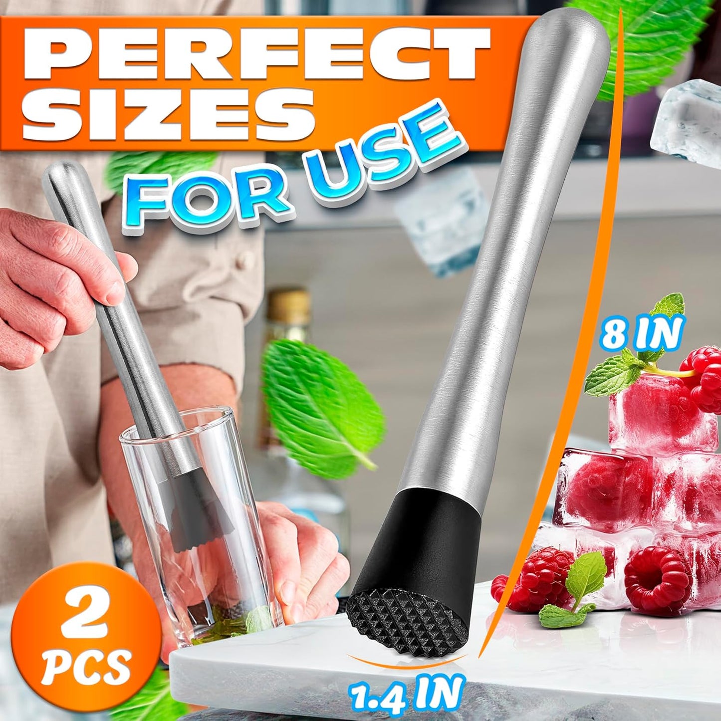 2 Pzas Molinillo Acero Inox 8pulg para Cócteles y Limonada
