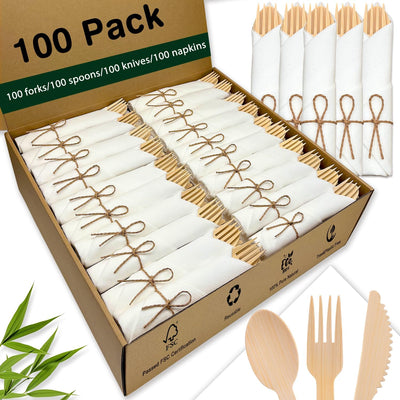 100 Cubiertos Bambú con Servilletas Airlaid Tacto Lino Compostables