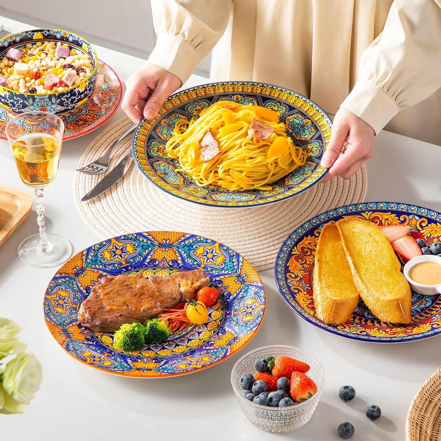 Set 6 Platos Cena Bohemios Cuencos Porcelana 32oz