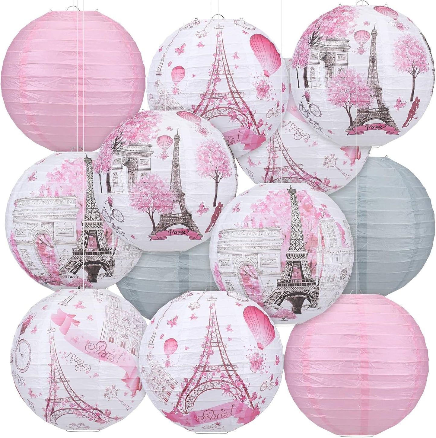 12 Pzas Decoración París Torre Eiffel Faroles Rosa 8pulg