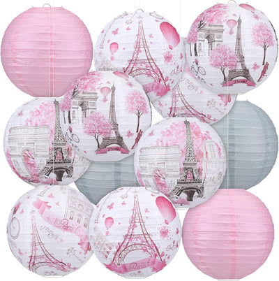 12 Pzas Decoración París Torre Eiffel Faroles Rosa 8pulg