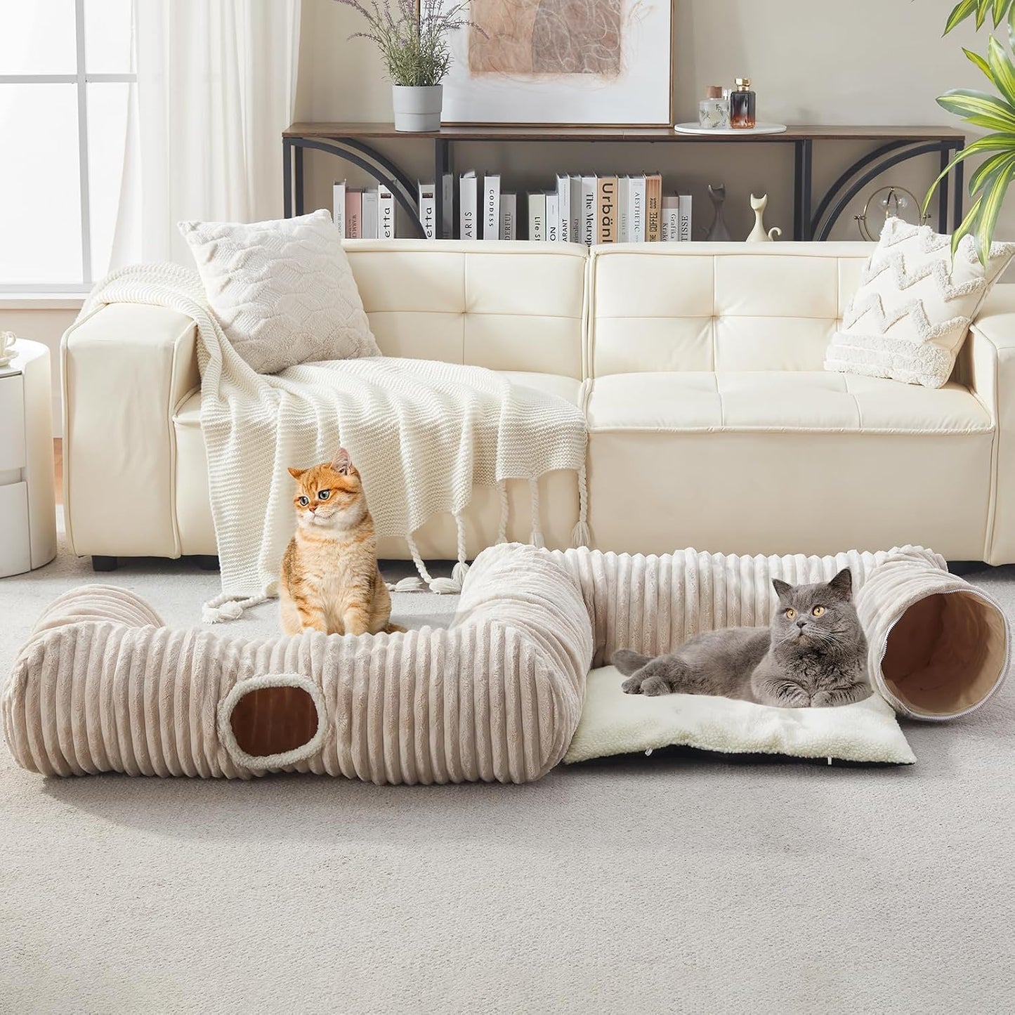 Cama túnel para gatos 4 vías con alfombrilla cálida y juguetes