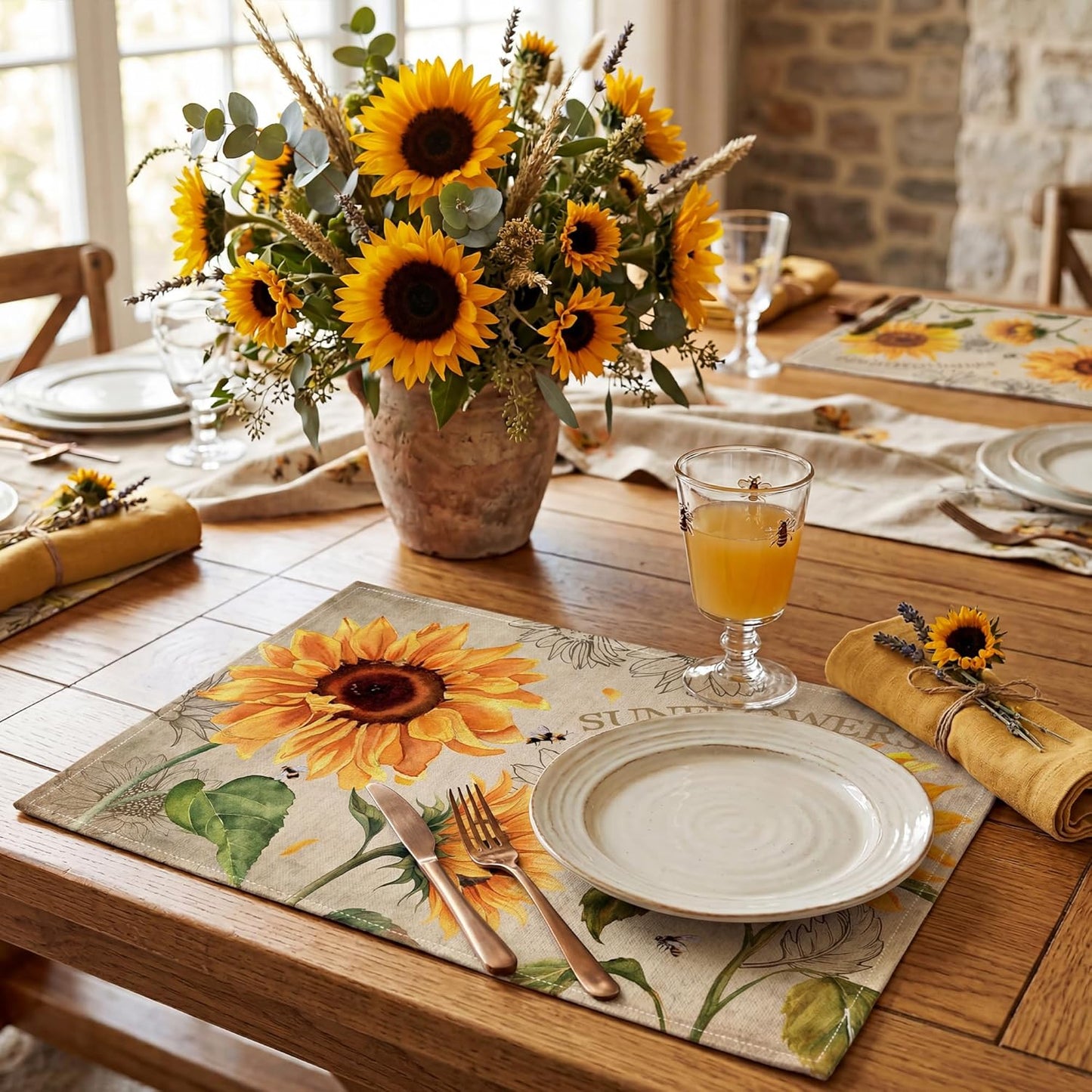 Set 6 servilletas linón flores de sol 12x18 pulg decoración mesa