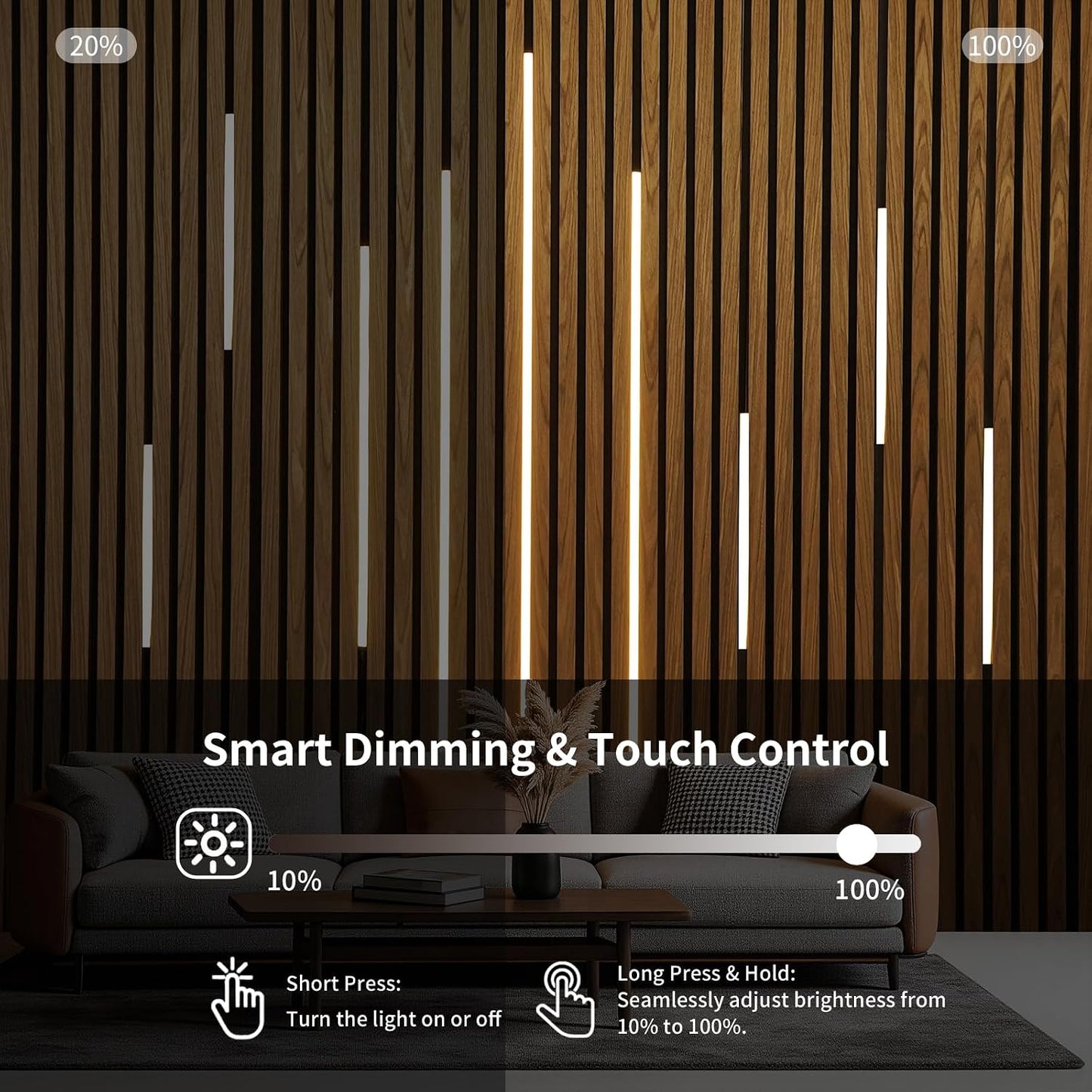 Tira LED empotrada pared madera 6 luces 3000K atenuador tactil