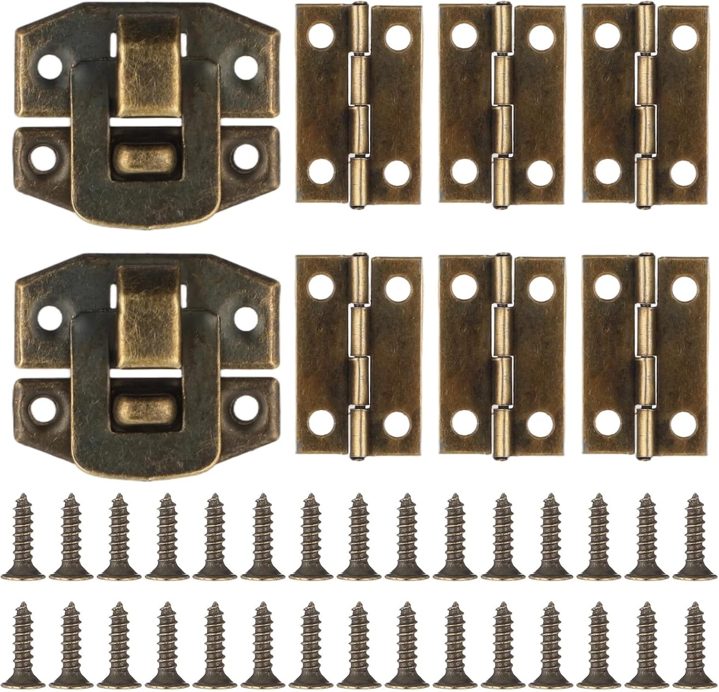 Set 6 bisagras y pestillos bronce antiguo para cajas de madera