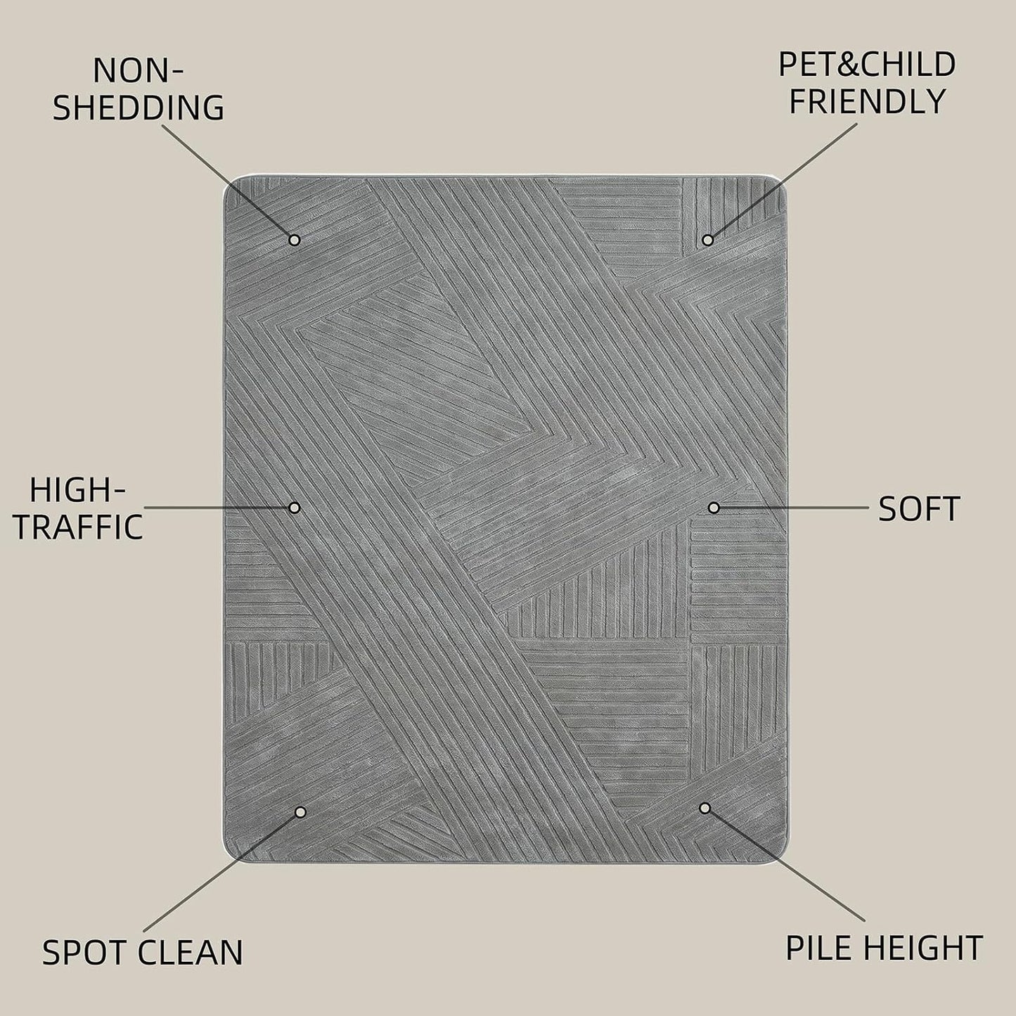 Alfombra geométrica gris 8x10pulg lavable sala dormitorio