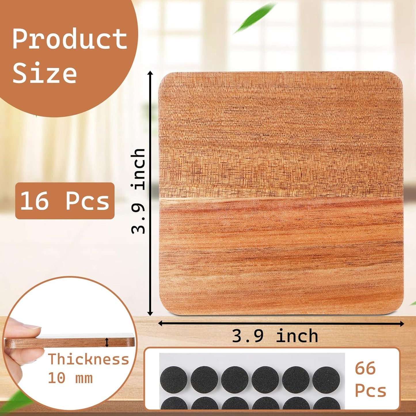 16 posavasos cuadrados de madera de acacia sin terminar con antideslizantes
