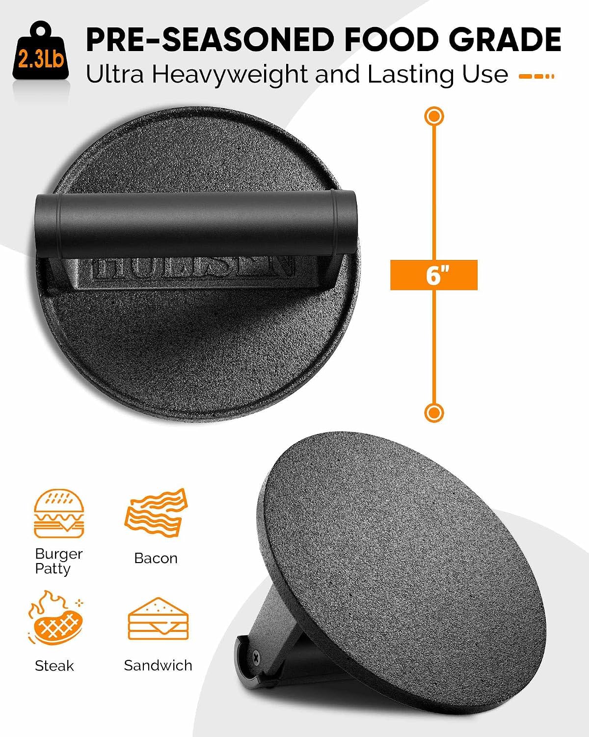 Prensa hamburguesa hierro fundido 6pulg resistente con mango