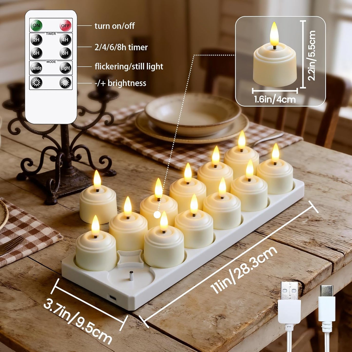 Juego 12 velas LED recargables con estación carga marfil