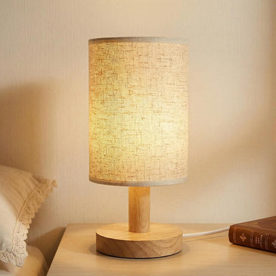 Lámpara mesita noche USB madera lino luz cálida 2700K