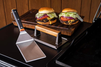 Kit hamburguesas planas con espátula XL y prensa hierro fundido