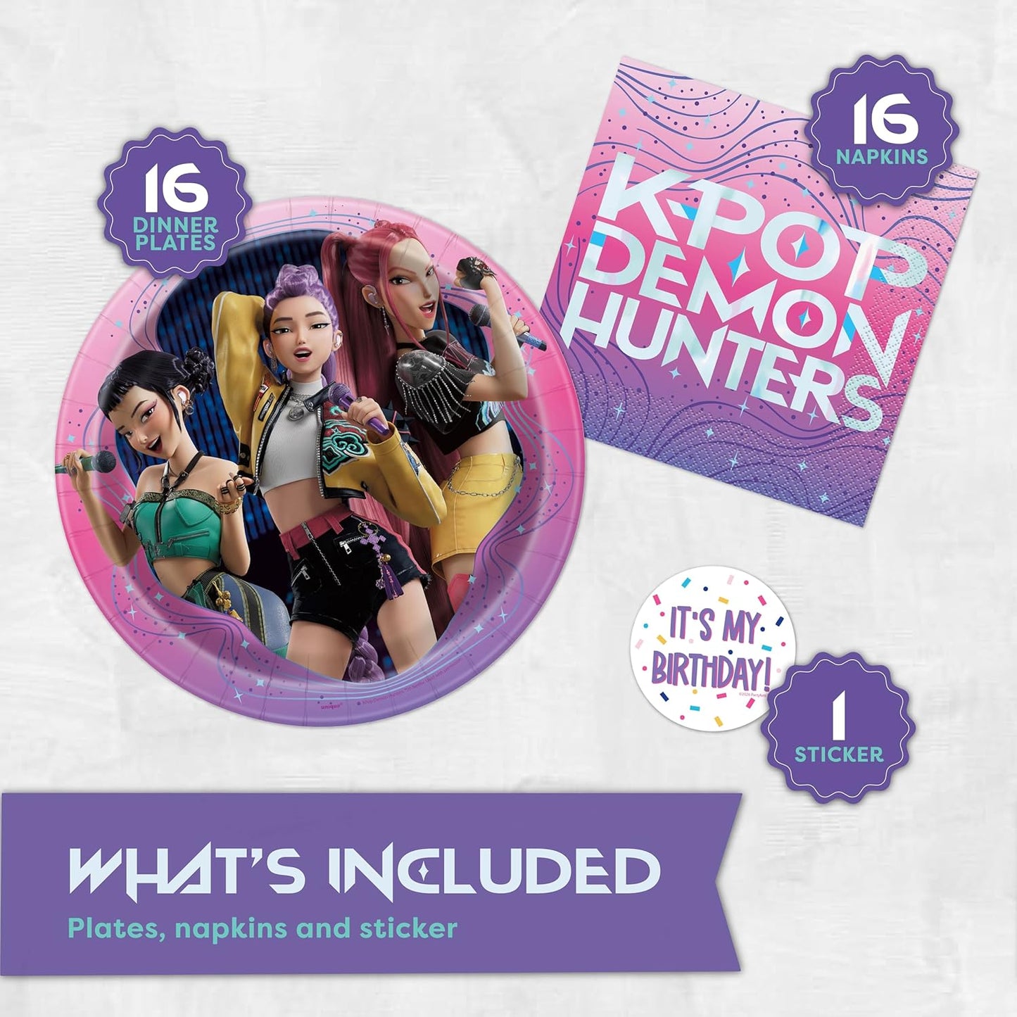 Platos y servilletas KPop Demon Hunters para cumpleaños de 16 años