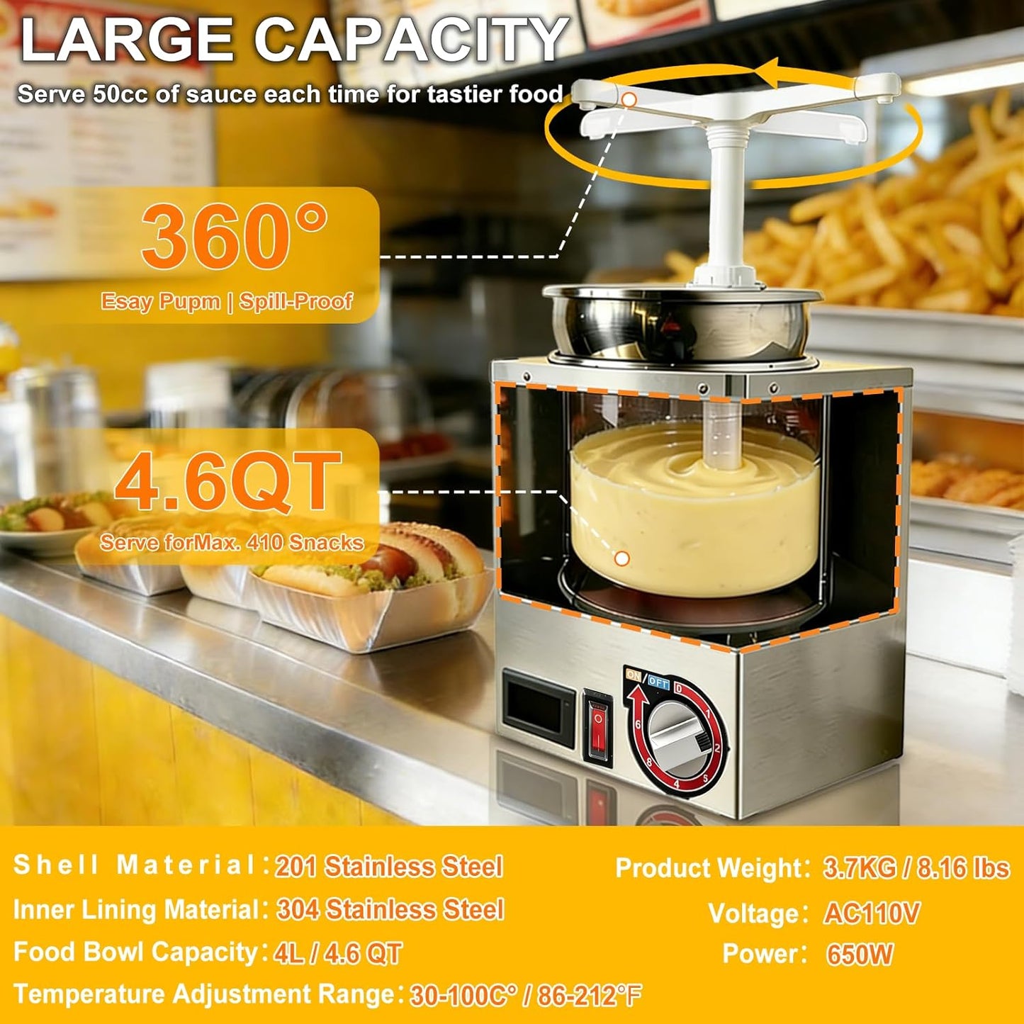 Dispensador queso nacho acero inox 4.6qt con calentador 6 temp